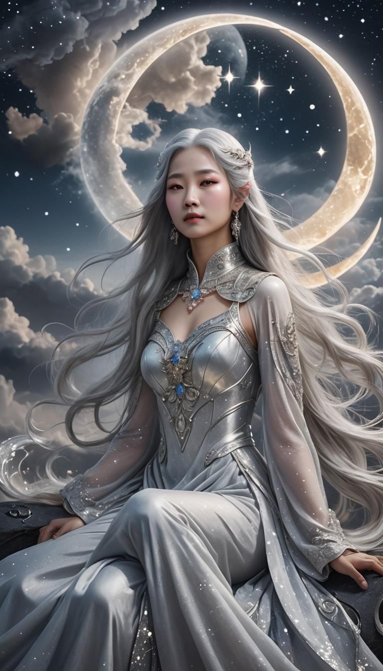 Woman on Crescent Moon in Ethereal Universe