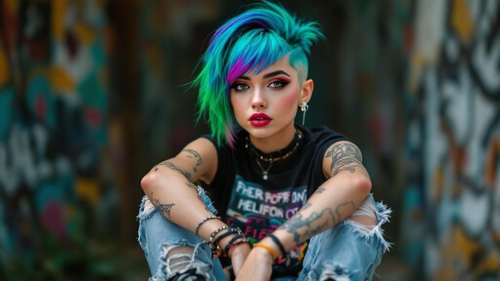 Punk Girl with Asymmetrical Hair in Skate-Punk Style