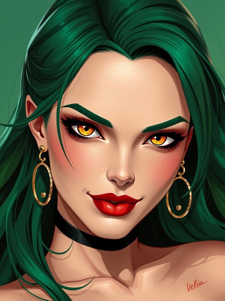 Glamorous Futuristic Goddess with Emerald Hair and Golden Ey...