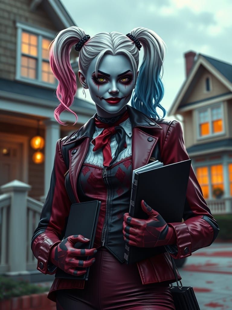 Realistic Harley Quinn as Bloody Halloween Real Estate Agent