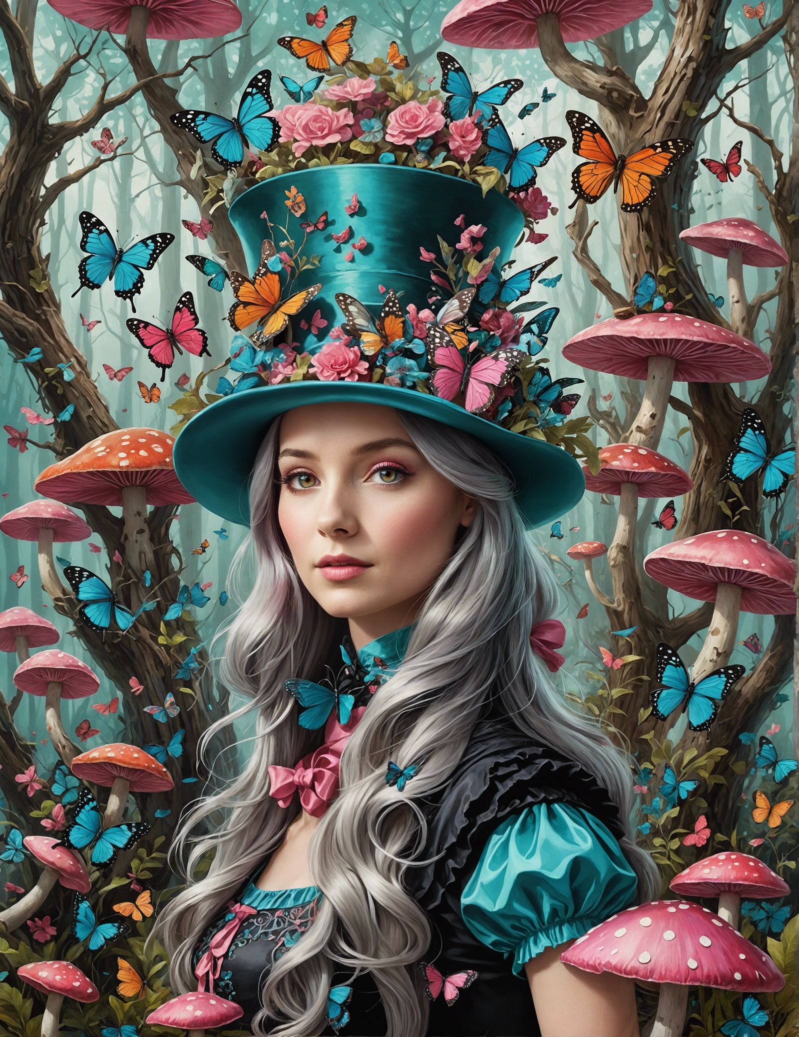 Whimsical Forest with Alice and Colorful Butterflies