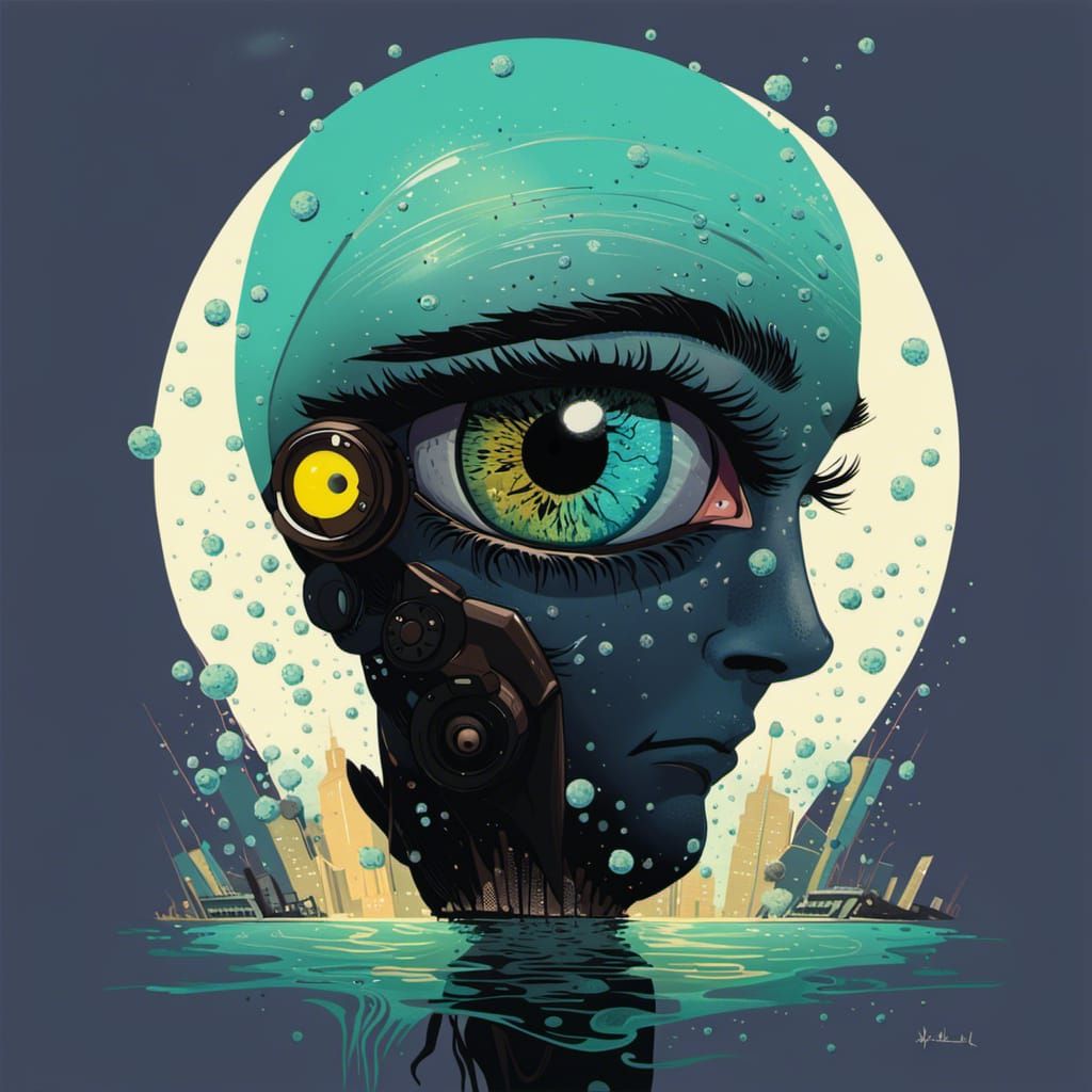 Cyberpunk Eye Close-Up with Water Particles