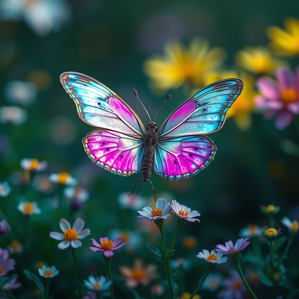 Iridescent Butterfly in a Field of Flowers
