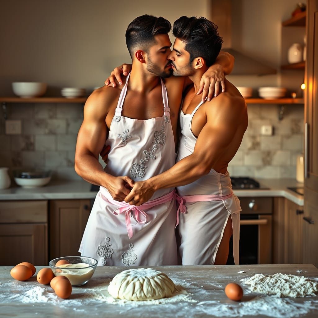 Muscular Men Baking: A Golden Hour Kitchen Scene