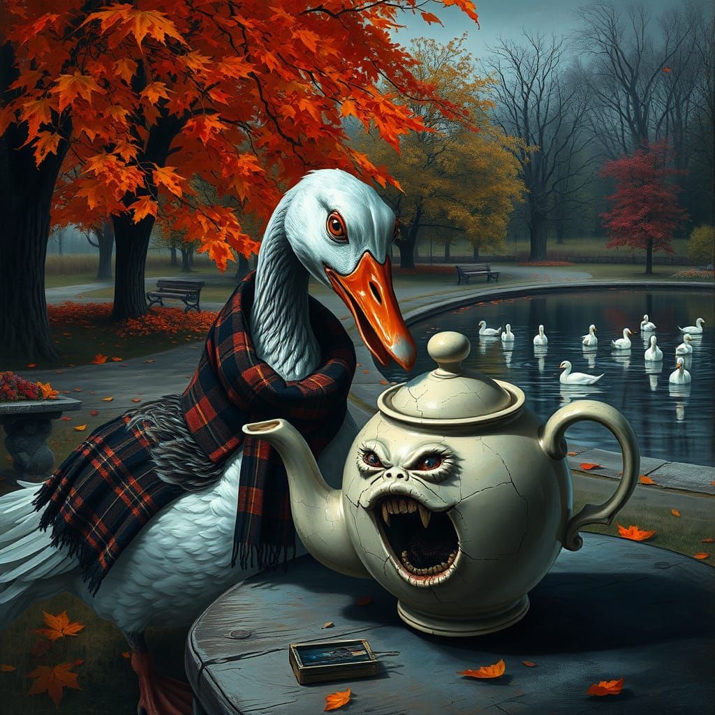 Aggressive Goose Confronts a Haunted Teapot in a Dark, Mysti...