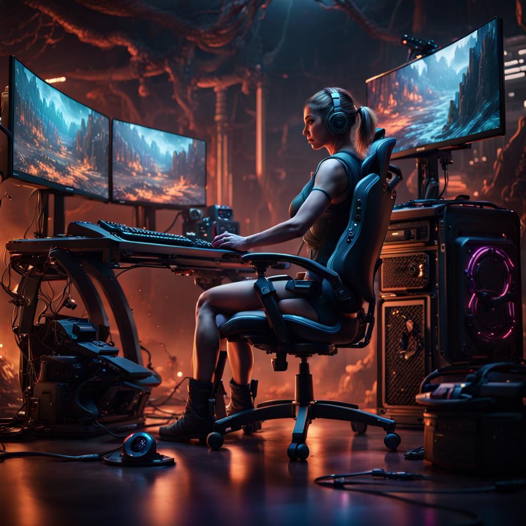 Woman Gaming Setup in Detailed Digital Matte Painting