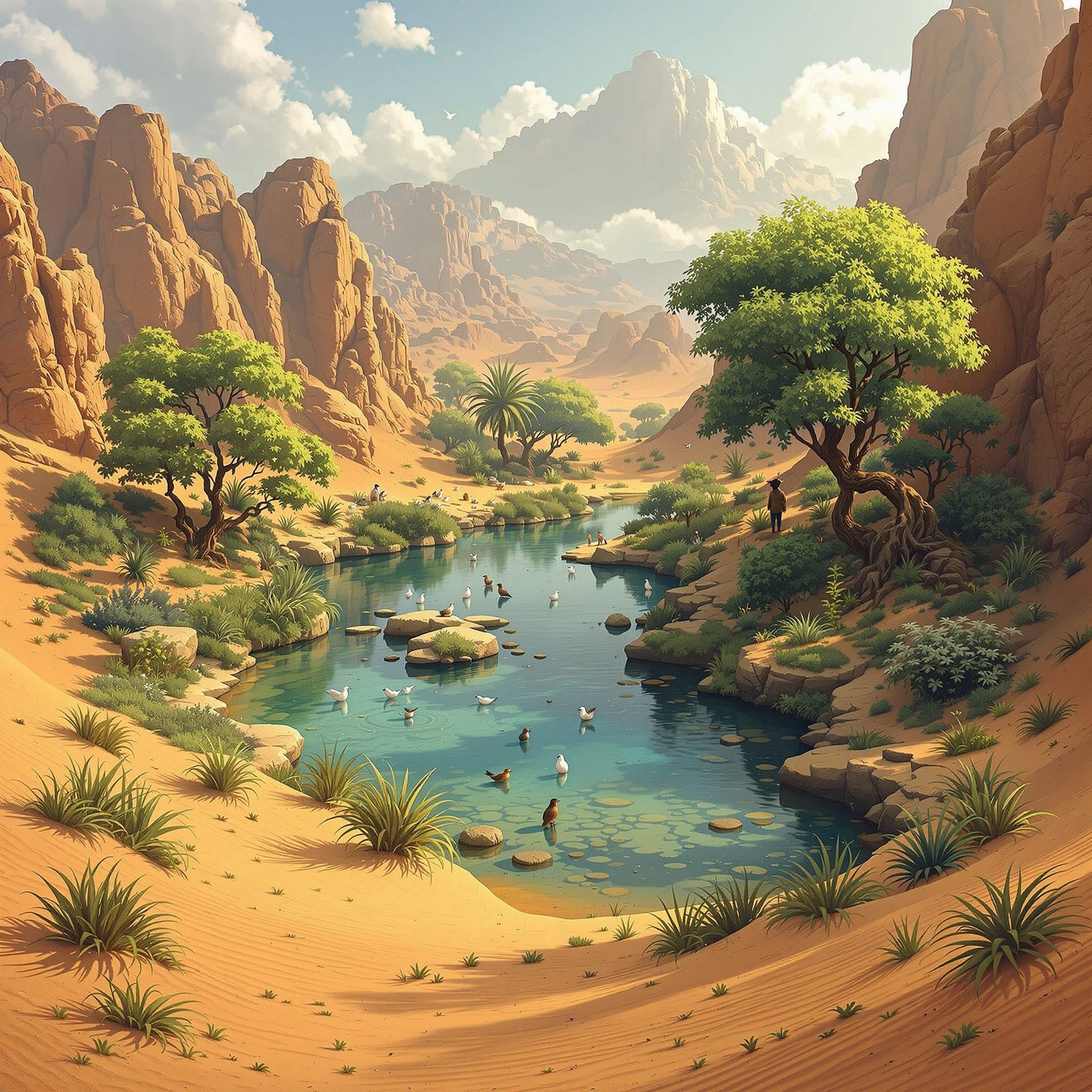 Lush Desert Oasis Teeming with Wildlife