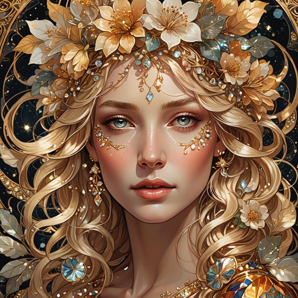 Jeweled Flower Reveals Woman: Art Nouveau Portrait