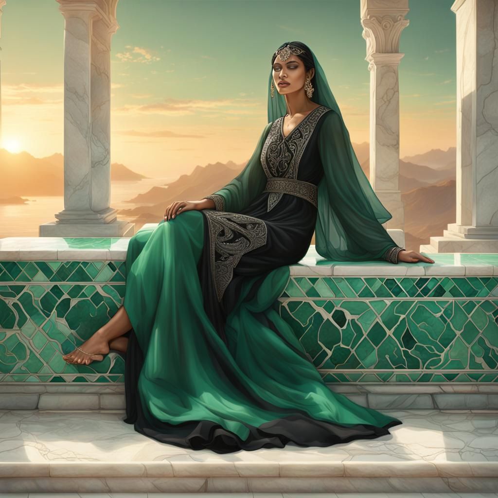 Arabian Woman Lounging in Mediterranean Setting