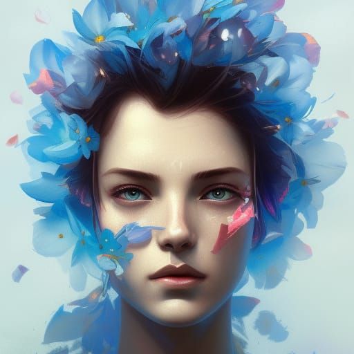 Man with Blue Flowers, Hyperdetailed Portrait