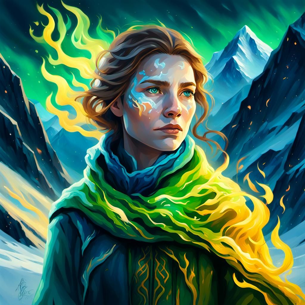 Flame Maiden in Frozen Tundra: Digital Art