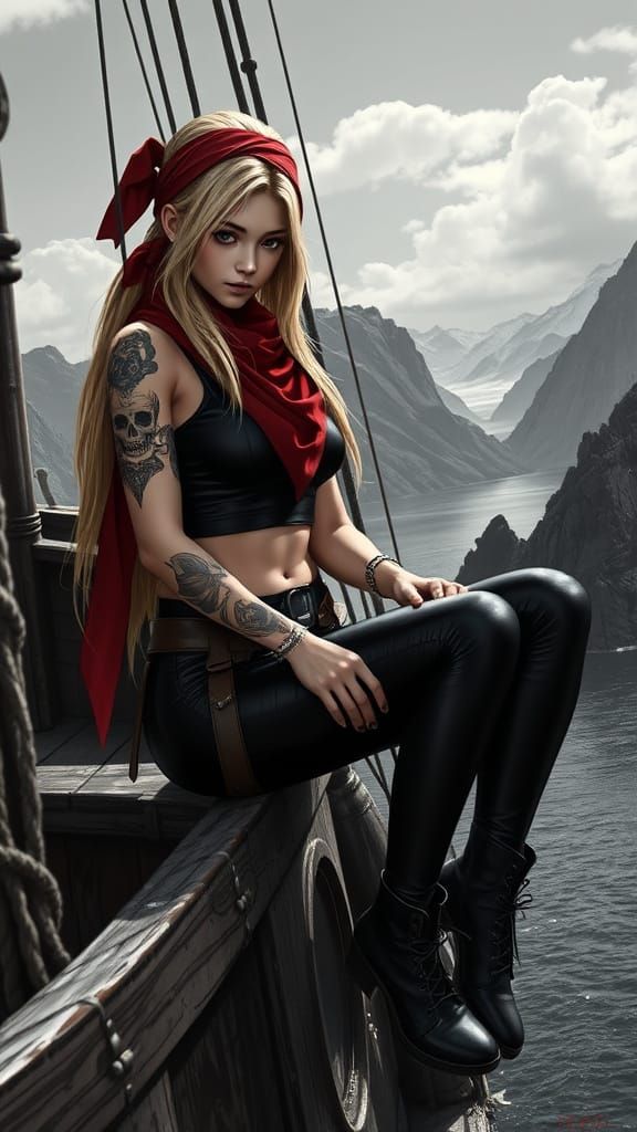 Japanese Pirate Maiden on a Weathered Ship, Lost in Thought