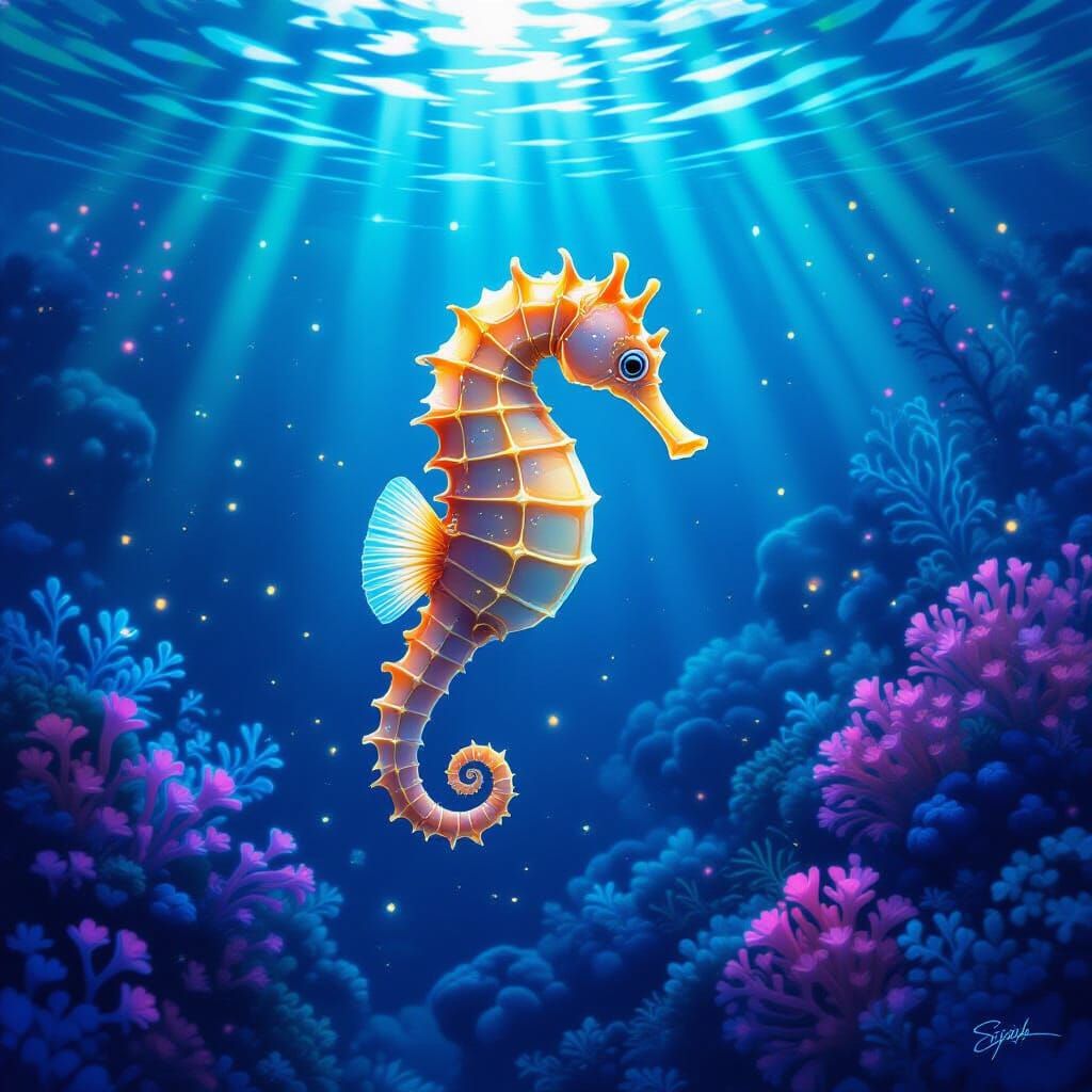 Ethereal Seahorse in Bioluminescent Reef, Ghibli & Monet Sty...
