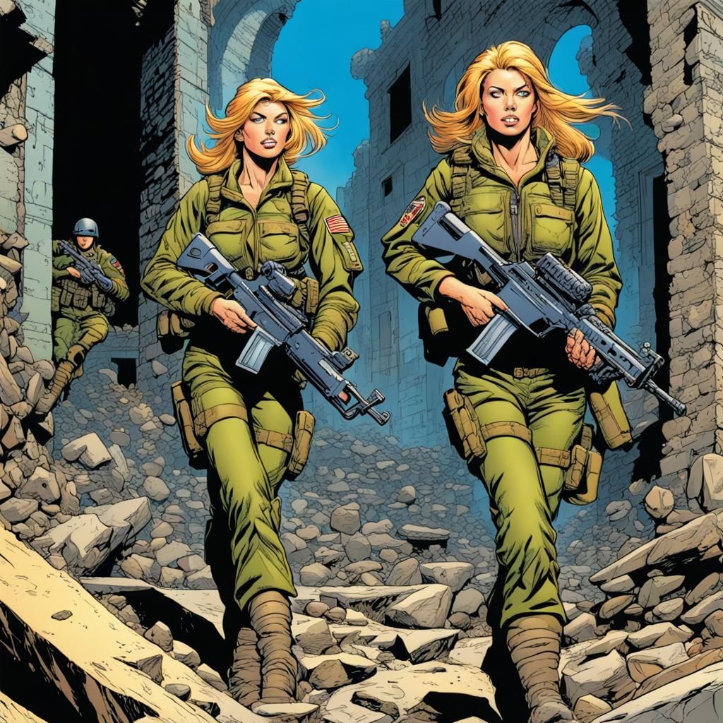 Female Soldiers in Ruins, Comic Art Style