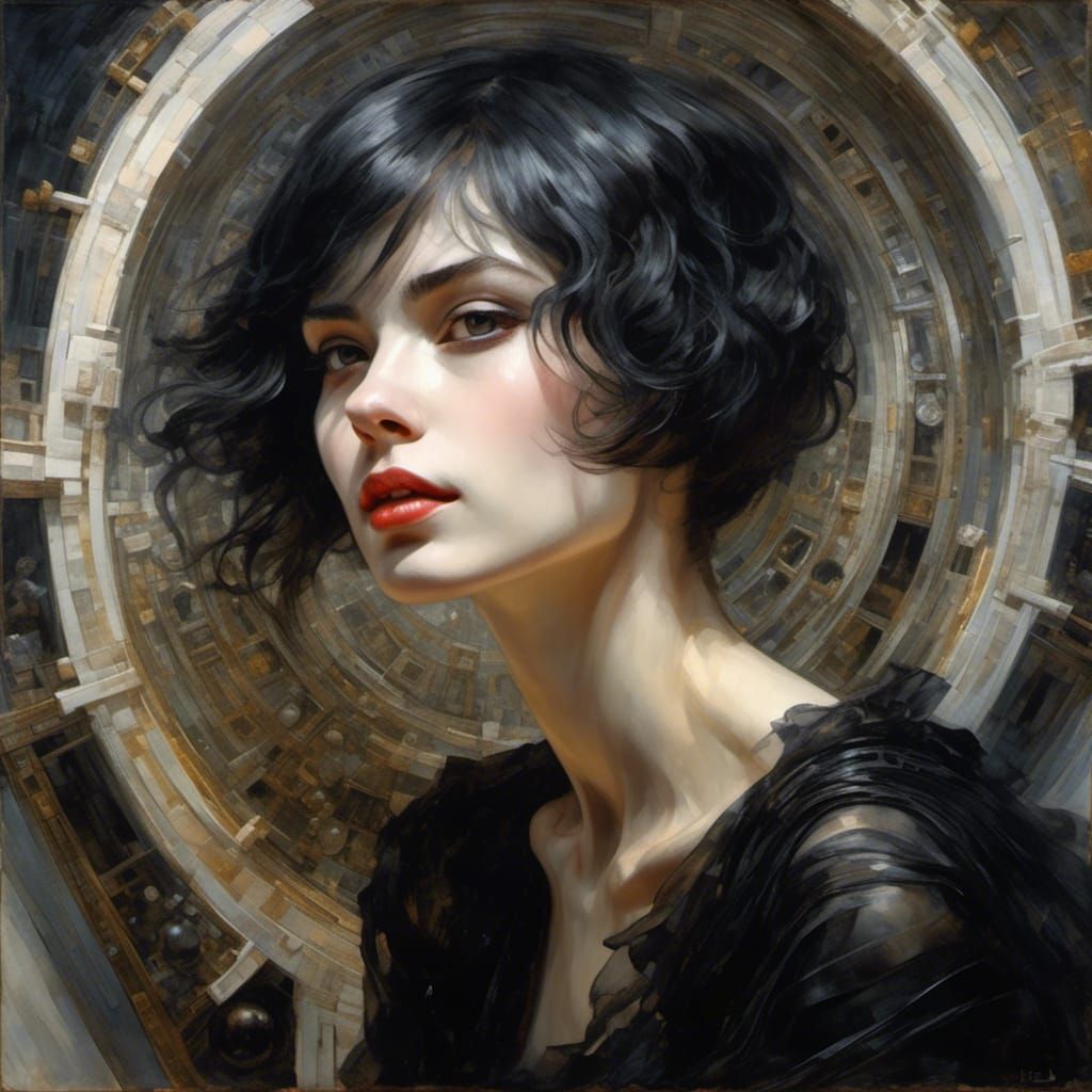 Woman in Tower: Hyperreal Portrait in Surrealist Style