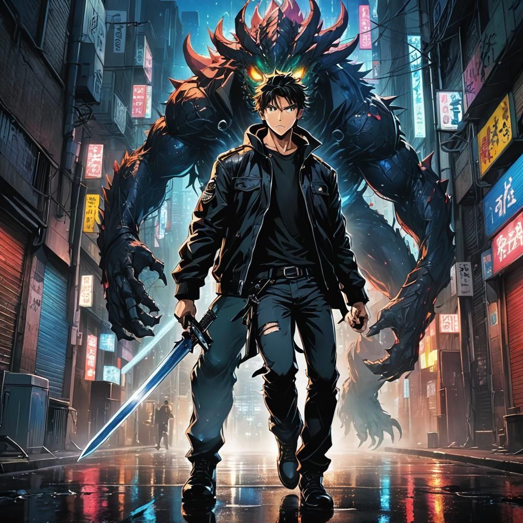 Anime-Style Monster Hunter in Dark City Alleyway