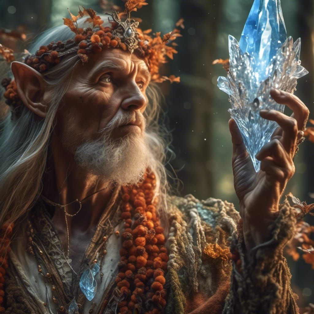 Hyperrealistic Elven Wizard with Crystal in Forest