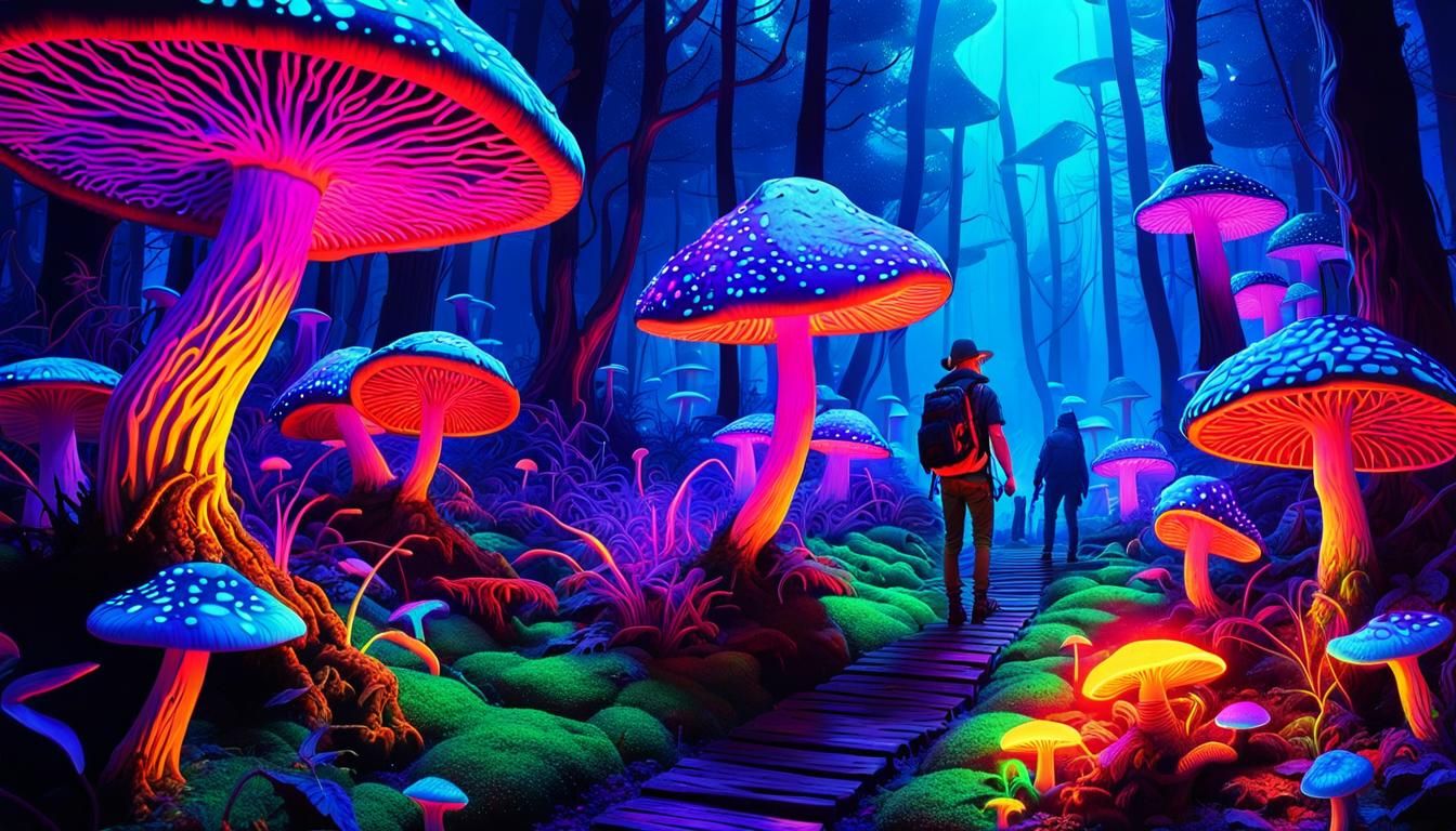 Surreal Blacklight Mushroom Forest in Neon Colors