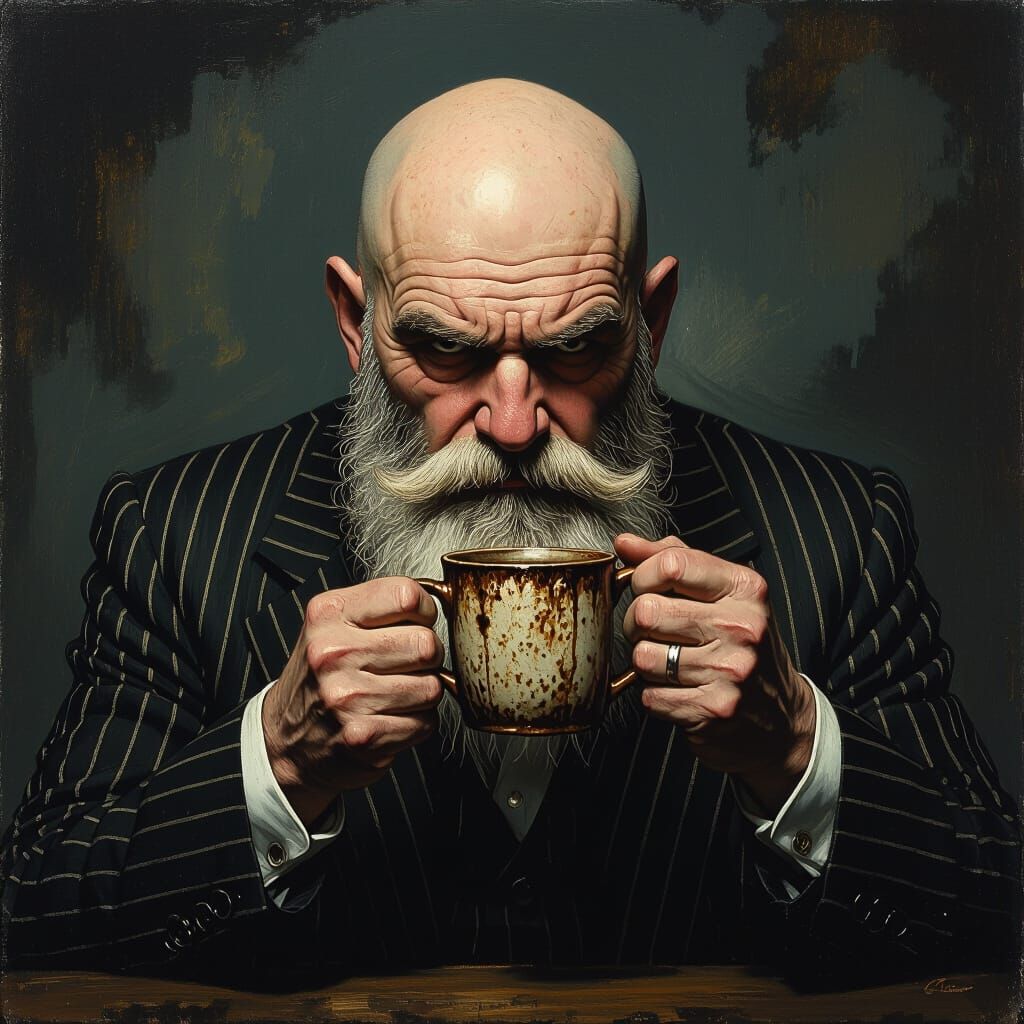 Grumpy Old Man Sipping Coffee in Gothic Style
