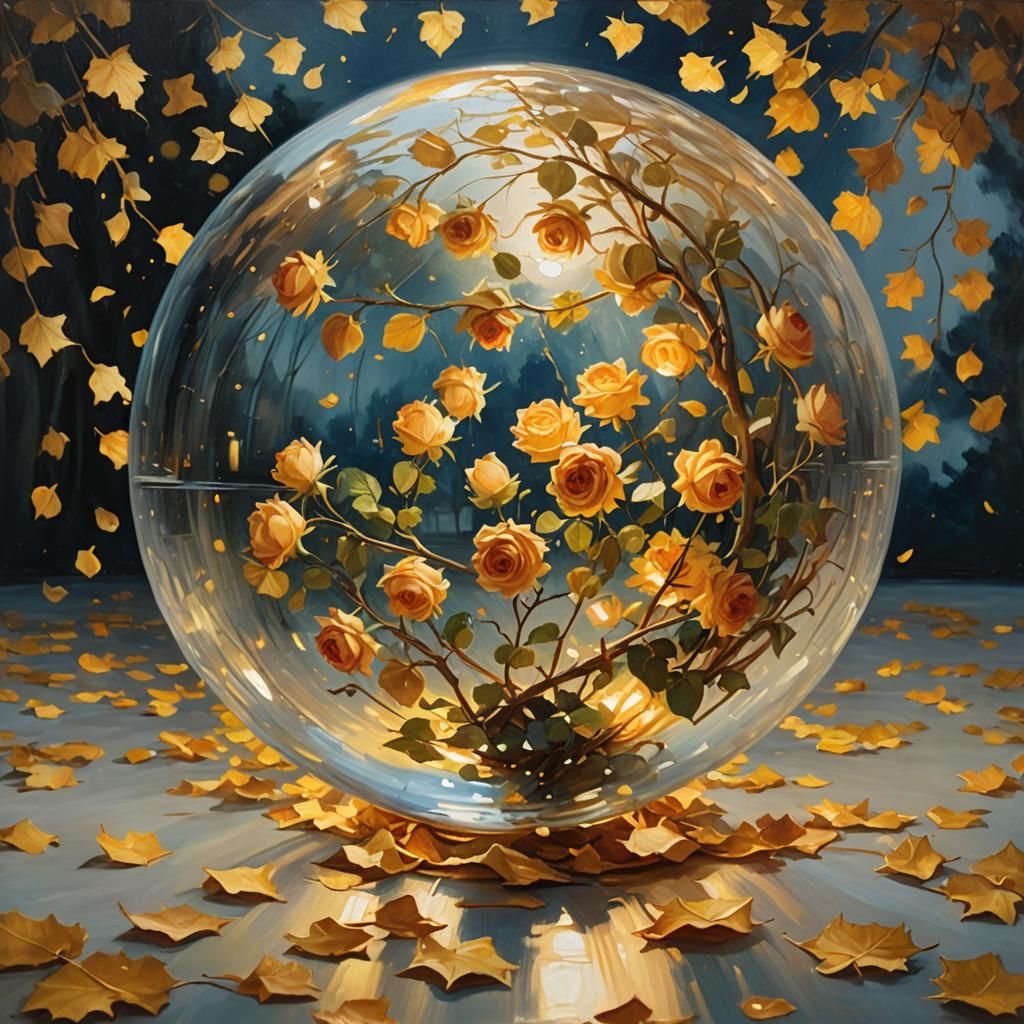 Glowing Roses in Glass Sphere: Impressionist Oil Painting