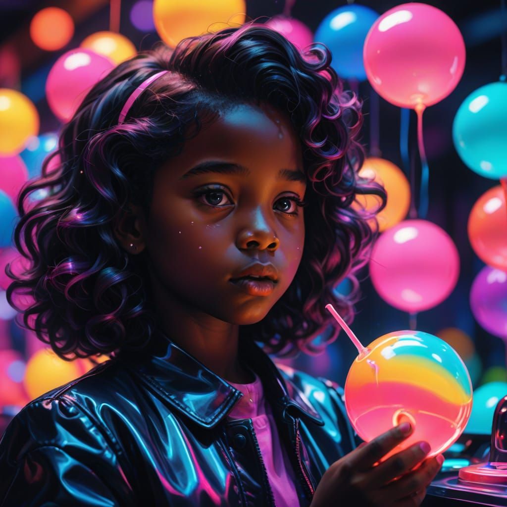 Vibrant Synthwave Child Blows Giant Neon Bubblegum Bell