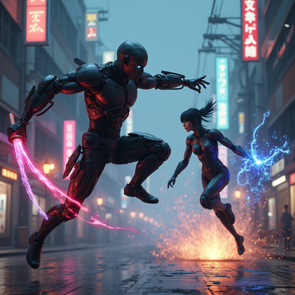 Cyberpunk Ninjas Clash in Rainy Neo-Tokyo Streets, Hyper-Det...