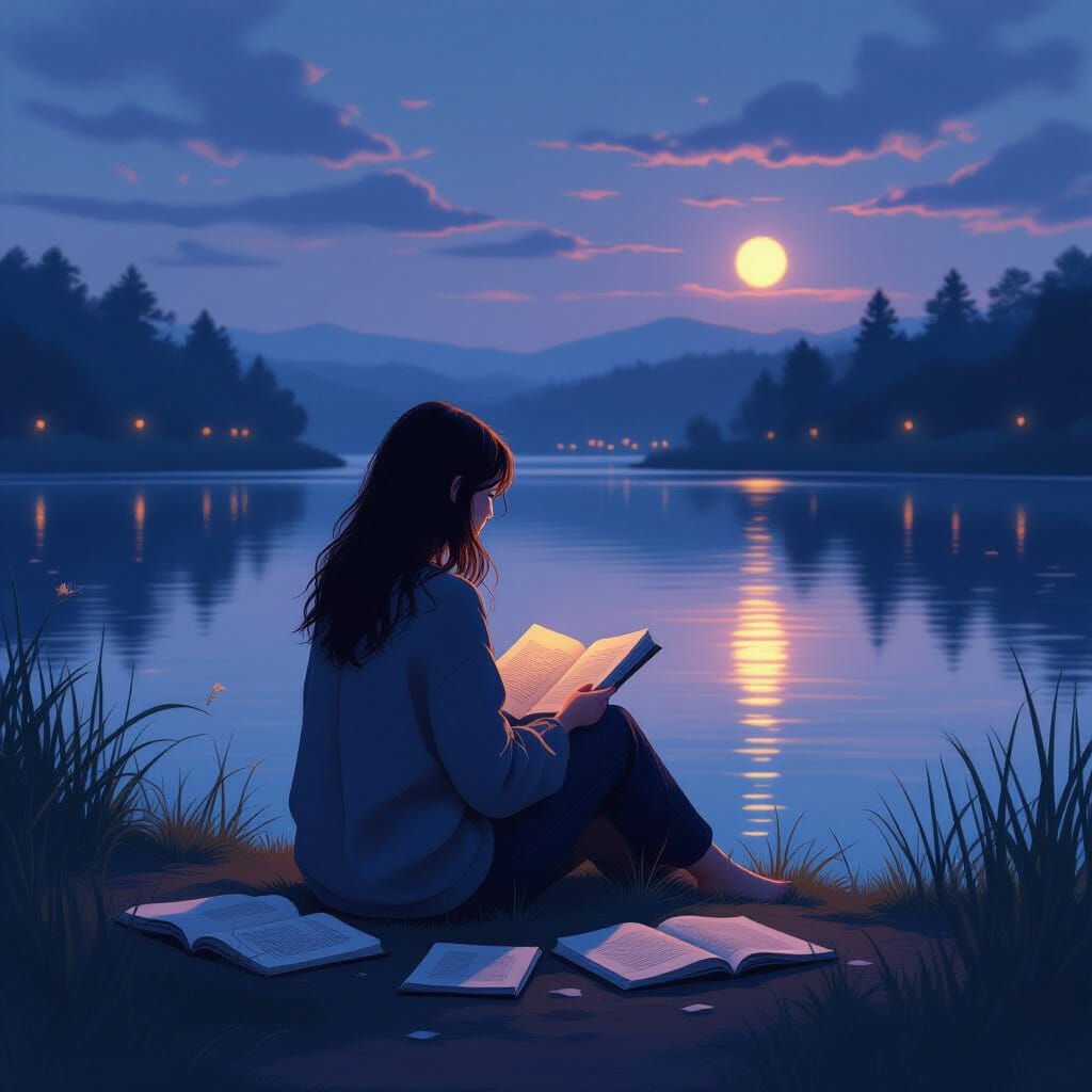 Woman Reading by Neon Lake at Dusk