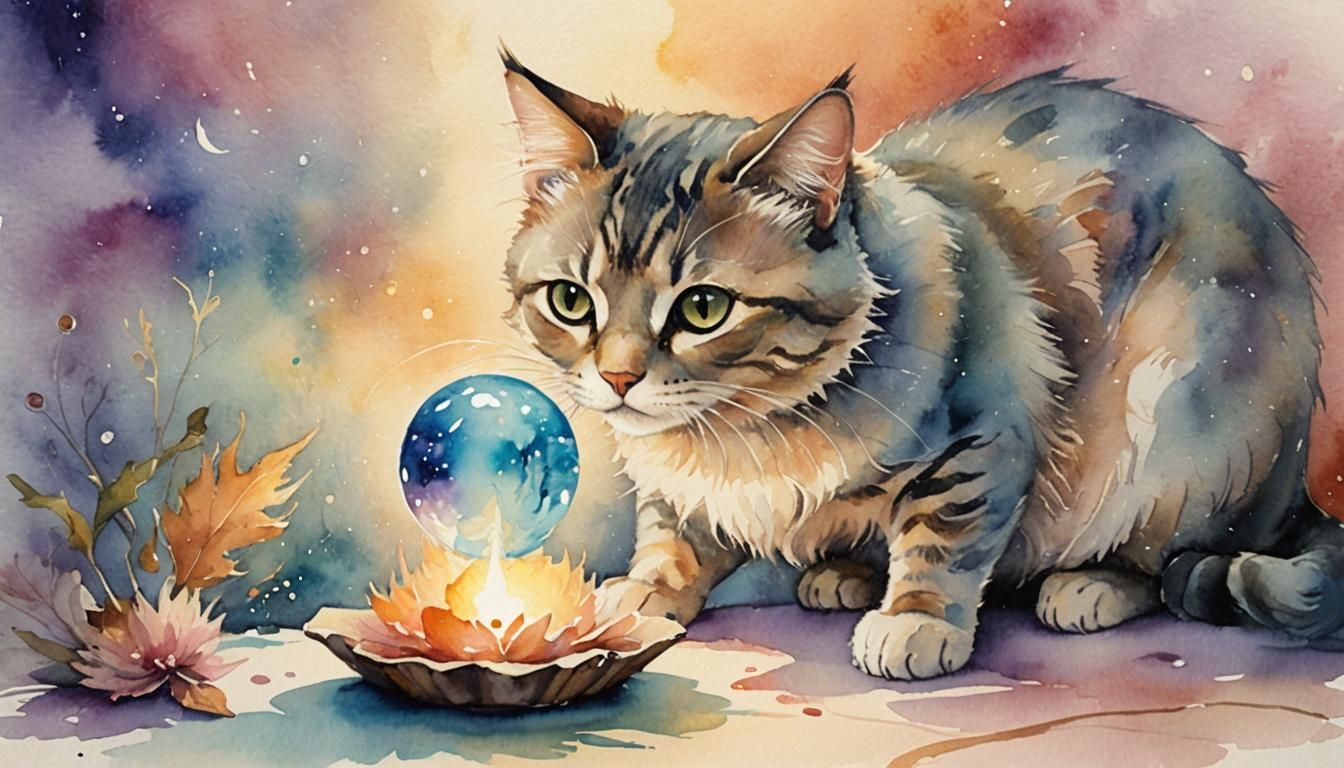 Cat Interacts with Magical Artifact in Watercolor