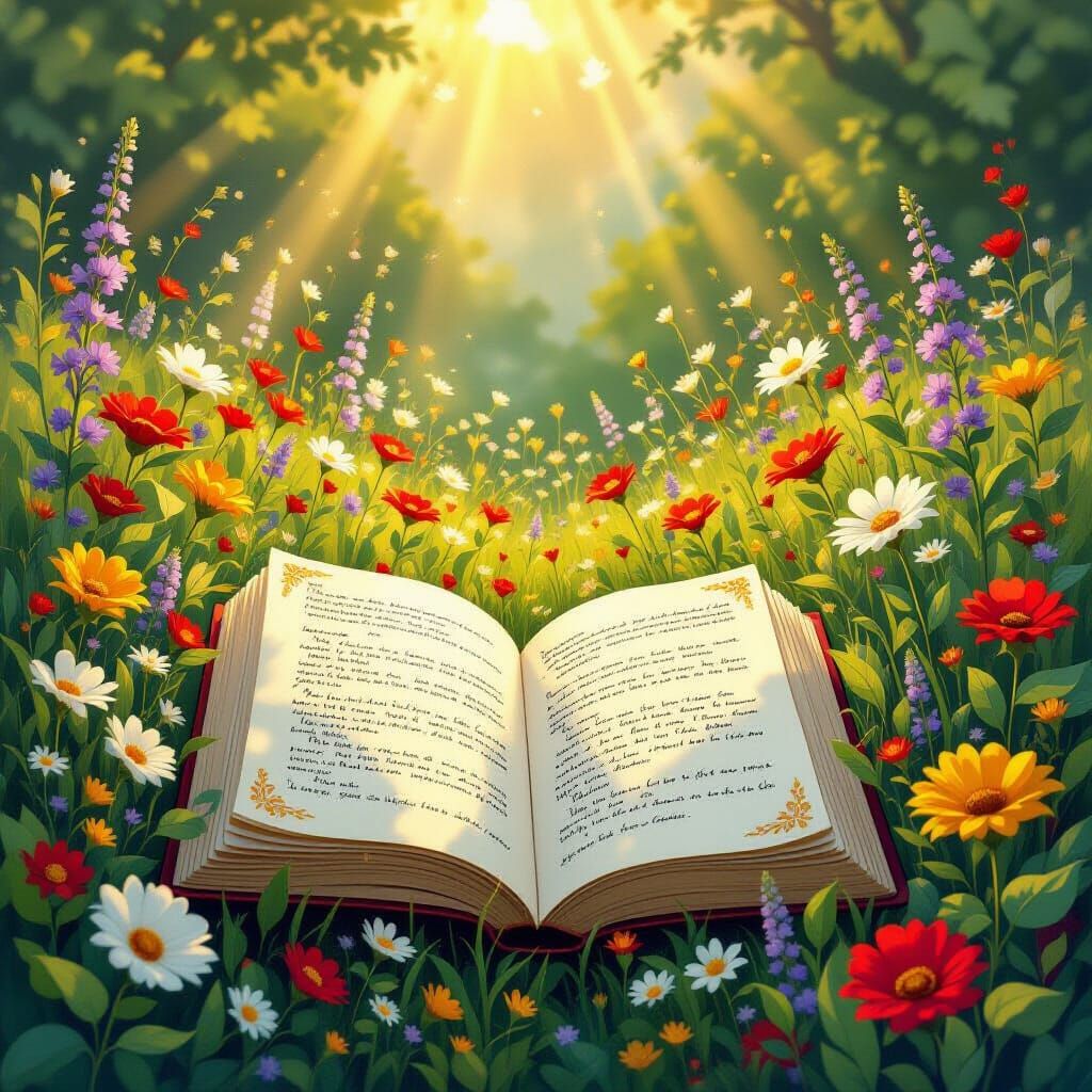 Whimsical Storybook Illustration of an Open Journal in Bloom