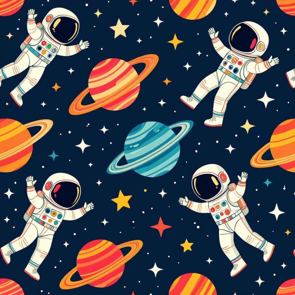 Playful Spacewalk: Astronauts Among Planets in Pop Art Style