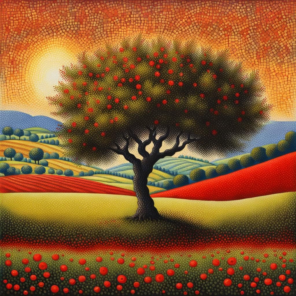 Italian Countryside with Olive Tree, Pointillism