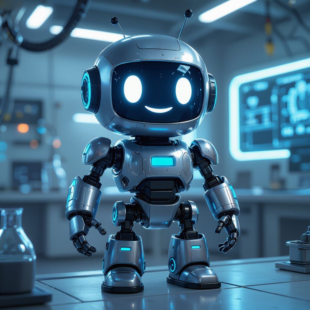 Friendly Gear-Shaped Robot in Futuristic Lab