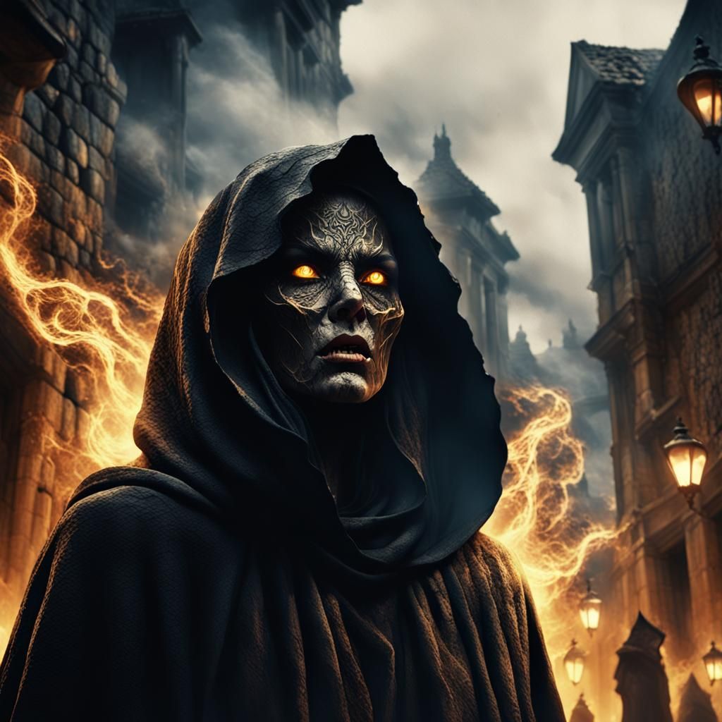 Cloaked Woman Faces Smoke Demon: Dark Fantasy Art