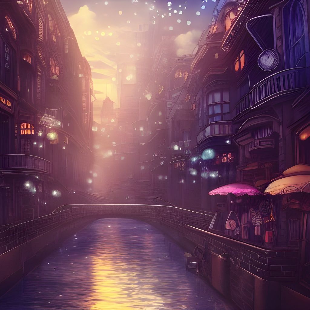 Steampunk City River in Anime Art Style