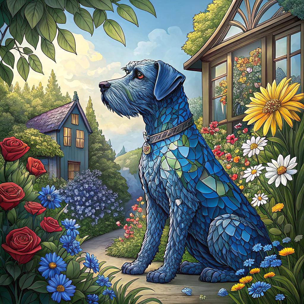 Kerry Blue Dog in Stained Glass Garden