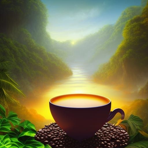 Hyperrealistic Callaloo and Coffee at Jungle Sunrise