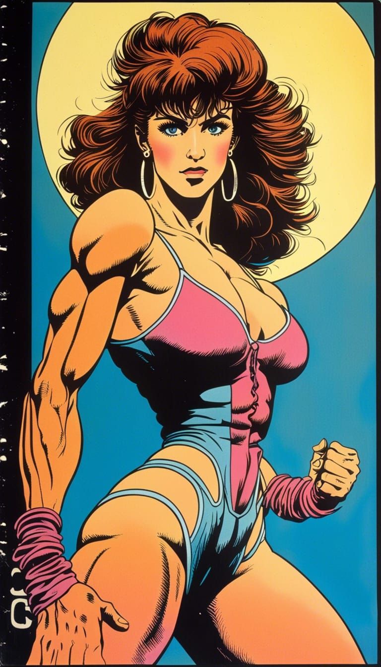 Retro 80s Female Bodybuilder in Anime Style