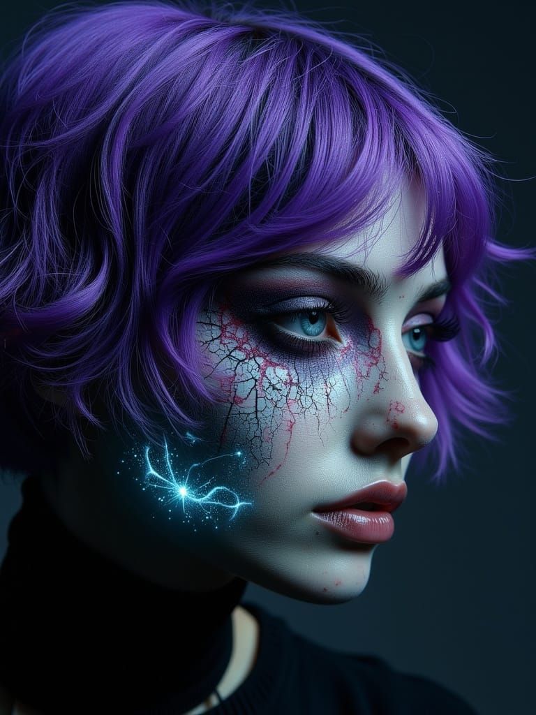 Gothic Portrait of Sad Woman with Purple Hair