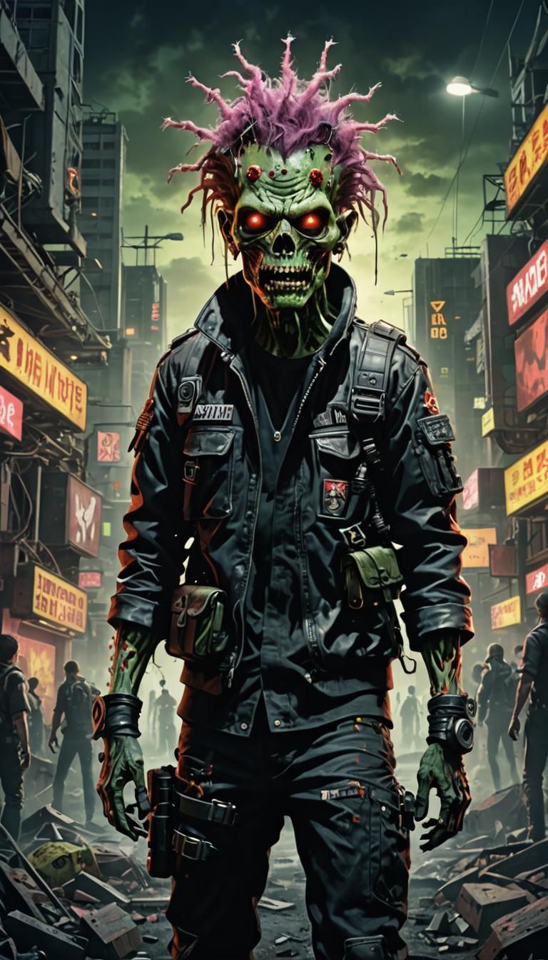 A poster of a  punk metal tech zombie emerging from an abyss