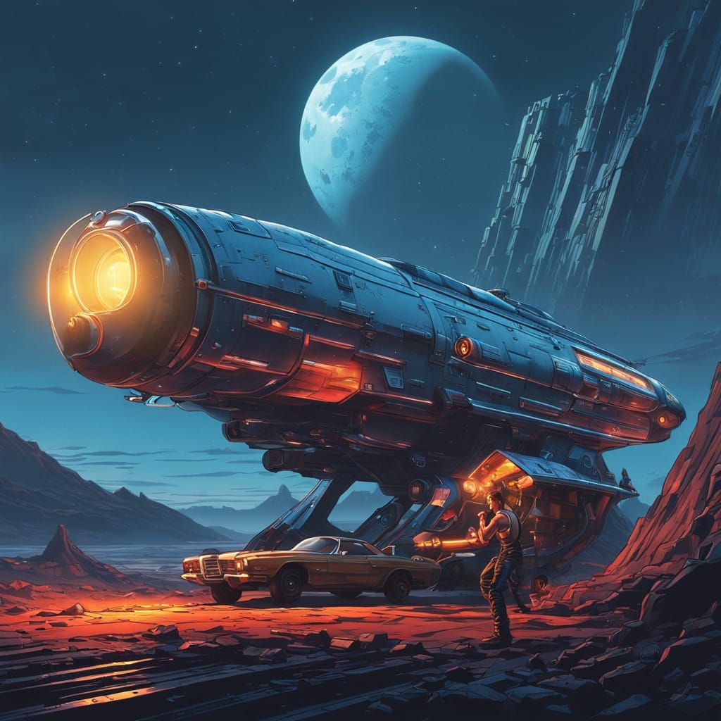 Retro-Futuristic Chrome Spaceship Repair in Moody Nighttime....