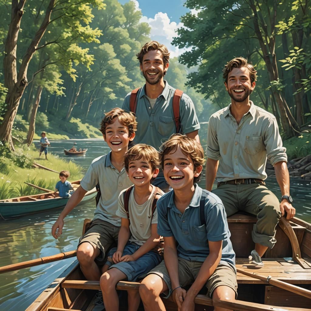 Family Boat Trip on a Sunny River: Hyperrealistic Art