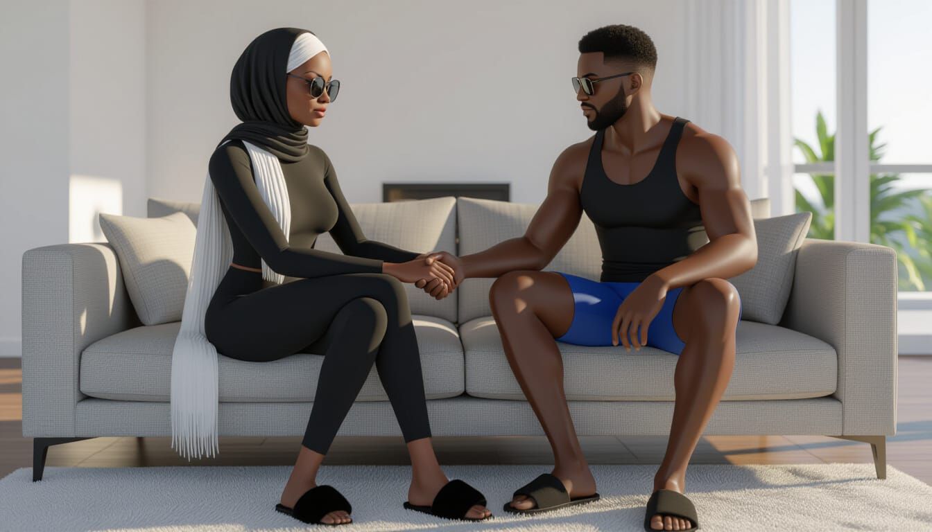 Beautiful African Woman and Man Holding Hands on Couch