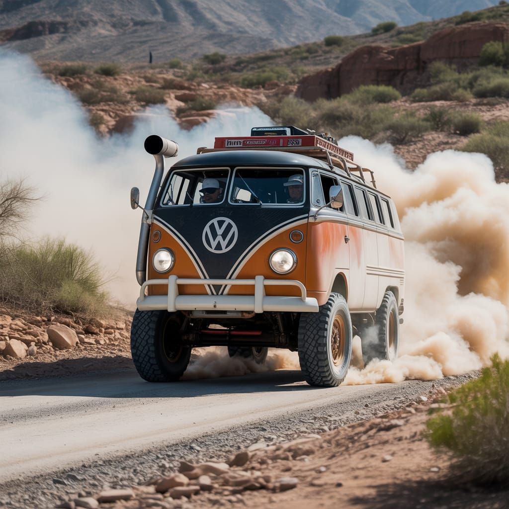 Mad Max VW Bus Races on Rugged Gravel Road
