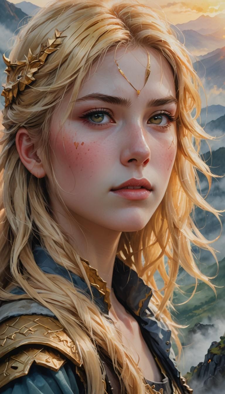 Warrior Girl Portrait on Misty Mountain: Anime Art