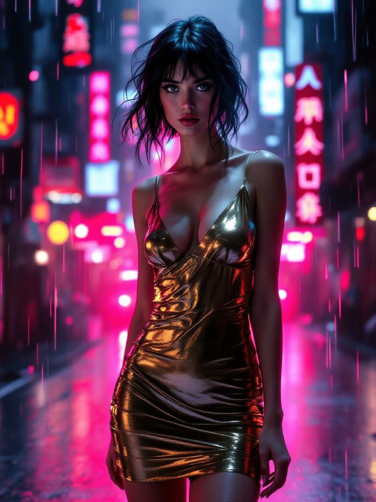 Cyberpunk Pin-Up Woman in Neon Rain