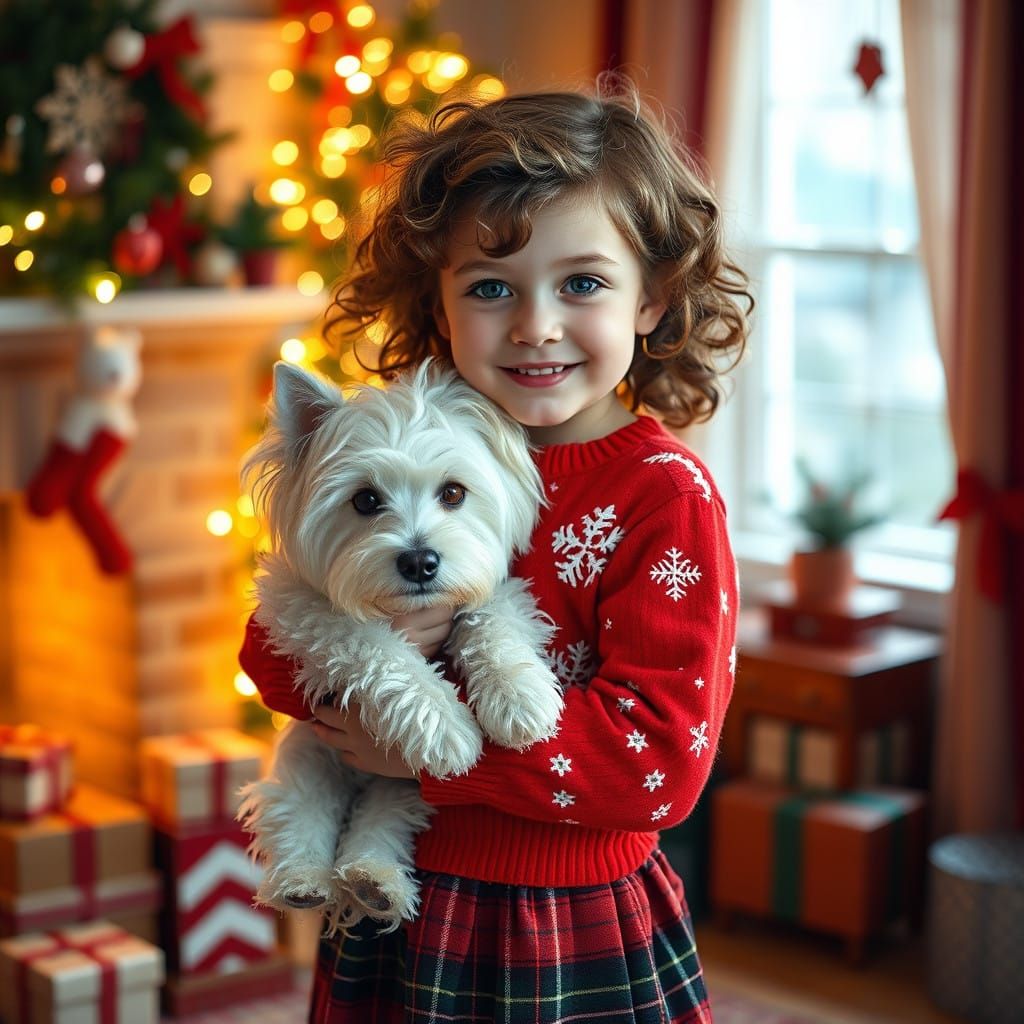 1980s Christmas Girl with Westie in Vintage Decor Setting