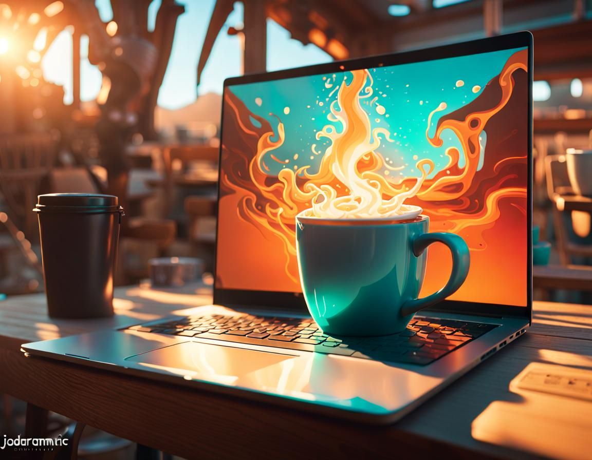 Steaming Coffee Cup with Laptop, Digital Concept Art