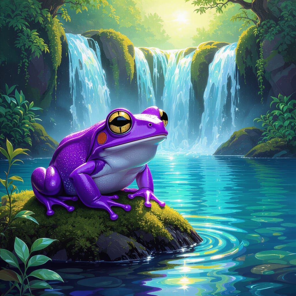 Neon Purple Frog by Waterfall in Fantastical Style
