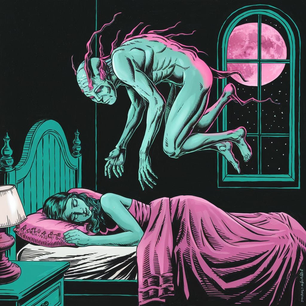 Incubus Hovering Over Sleeping Woman in Bedroom