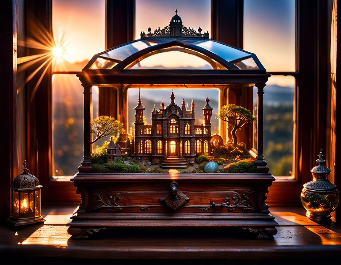 Fantasy Kingdom in Terrarium at Sunset: Photorealistic Image